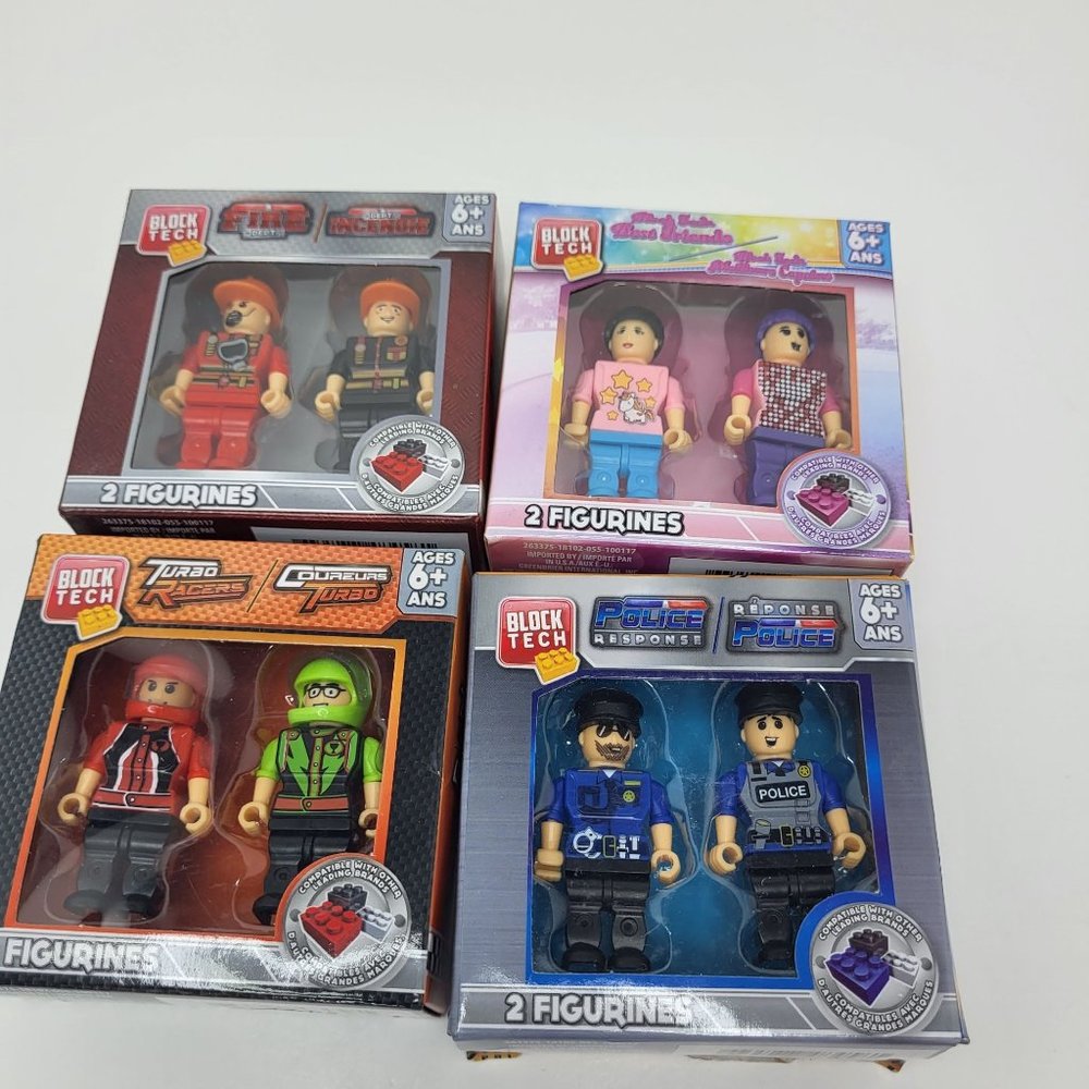 New Block Tech Figurines Lot of 4 - Fire, Police, Turbo Racers, Best‎ Friends